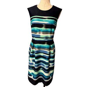 Connected Dress 10 Blue White Green Gray Stripes Stretch Sheath Washable Career